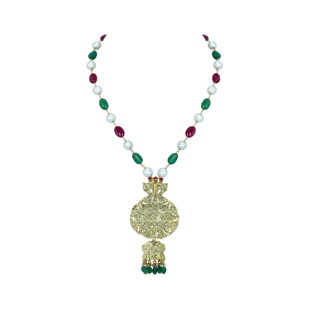 Green and Red Stone Necklace with Pearls and Polki Pendant